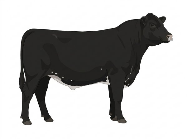 Black with a pale muzzle ring and lighter underline and a few white spots 1/2 Angus Cross Bull