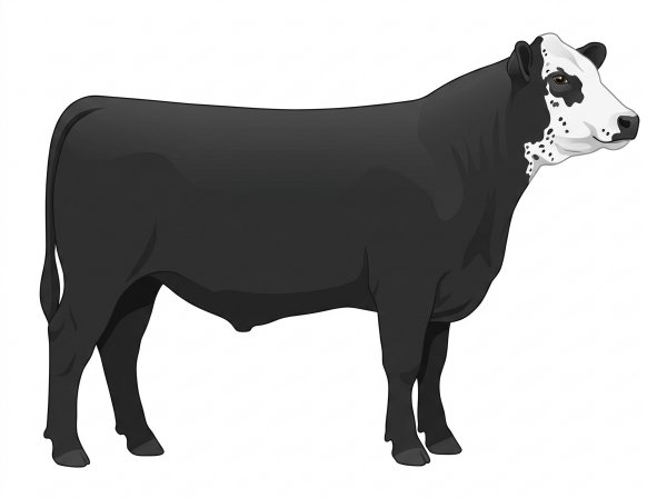 Black with a partial white face and ticking in the white 1/2 Angus Cross Steer
