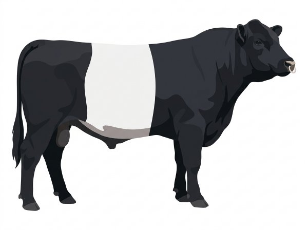 Black with a pale muzzle ring and lighter underline and a white belt around the midsection 1/2 Belted Galloway Cross Bull