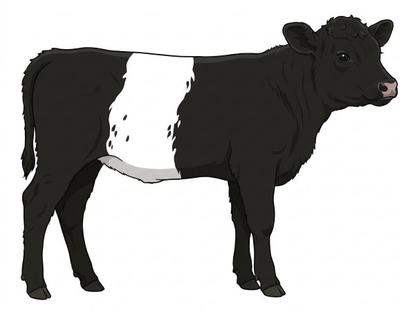 Black with a white belt around the midsection and ticking in the white 1/2 Belted Galloway Cross Heifer