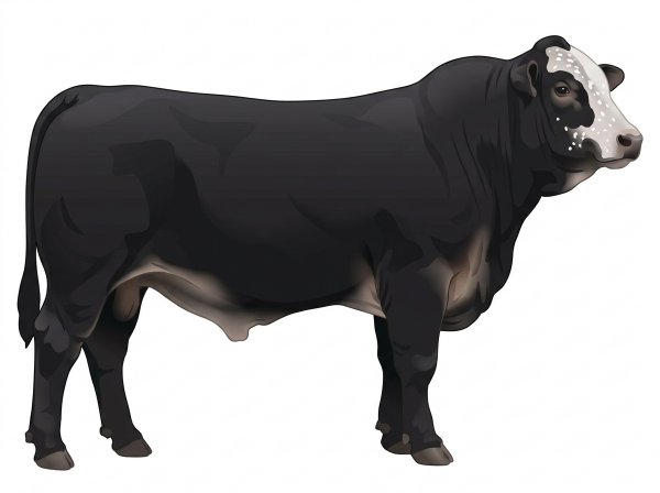 Black with a white face, white spots and ticking in the white 1/2 Brahman 1/2 Simmental Bull