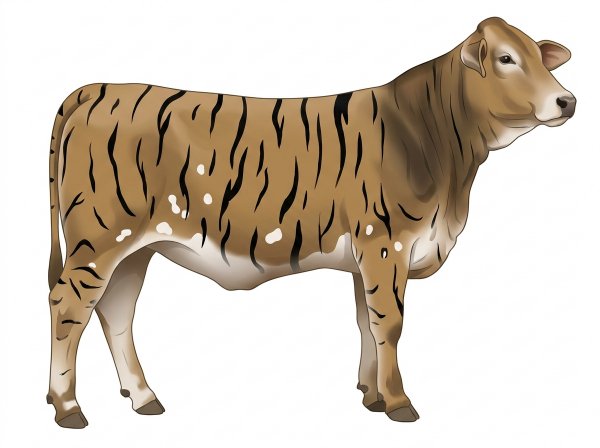 Tan brindle with black stripes and a few white spots 1/2 Brahman 1/2 Simmental Heifer
