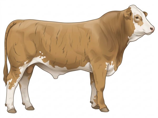 Tan brindle with faint black striping, a partial white face and white spots 1/2 Brahman 1/2 Simmental Bull