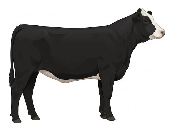 Black with a pale muzzle ring and lighter underline and a partial white face 1/2 Braunvieh 1/2 Simmental Heifer