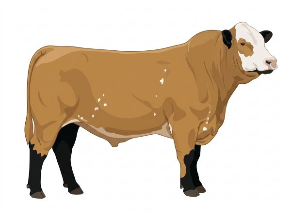 Tan with black points, a pale muzzle ring and lighter underline, a white face and a few white spots 1/2 Braunvieh 1/2 Simmental Bull