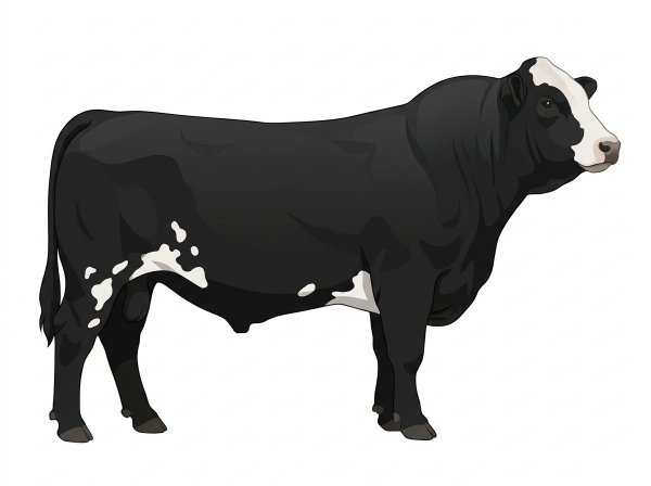 Black with a partial white face and a few white spots 1/2 Simmental Cross Bull