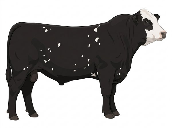 Black with a white face and white spots 1/2 Simmental Cross Bull