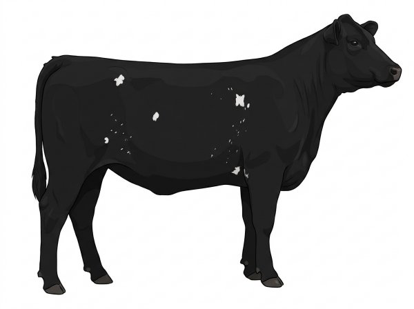 Black with a few white spots and ticking in the white 13/16 Maine-Anjou 3/16 Angus Heifer