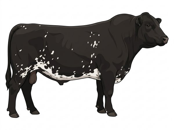 Black with white spots and ticking in the white 13/16 Maine-Anjou 3/16 Angus Bull