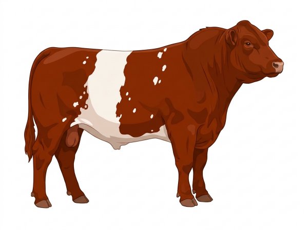 Red with a white belt around the midsection and white spots 13/16 Maine-Anjou 3/16 Belted Galloway Bull