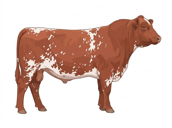 Red roan with a few white spots 5/8 Angus Cross Bull