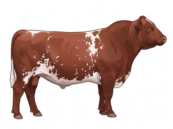Red roan with a few white spots and ticking in the white 7/8 Shorthorn Bull