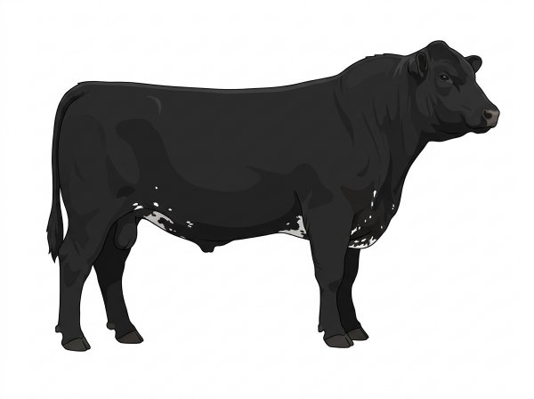 Black with a few white spots and ticking in the white Angus Cross Bull