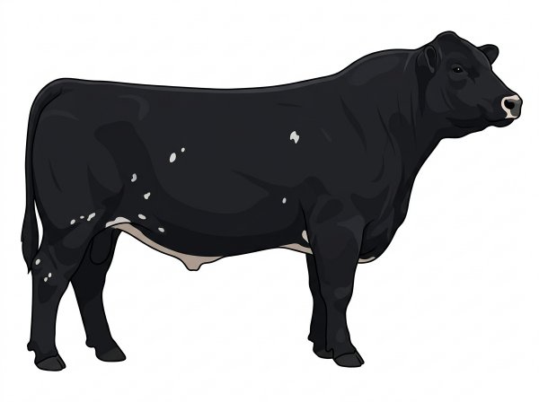 Black with a pale muzzle ring and lighter underline and a few white spots Angus Cross Bull