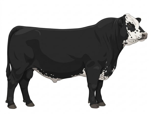 Black with a partial white face, a few white spots and ticking in the white Angus Cross Bull