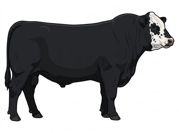 Black with a partial white face and ticking in the white Angus Cross Bull