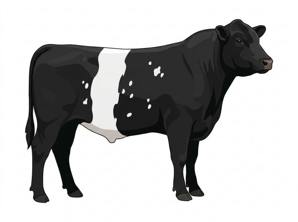 Black with a white belt around the midsection and a few white spots Angus Cross Bull
