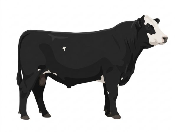 Black with a white face and a few white spots Angus Cross Bull