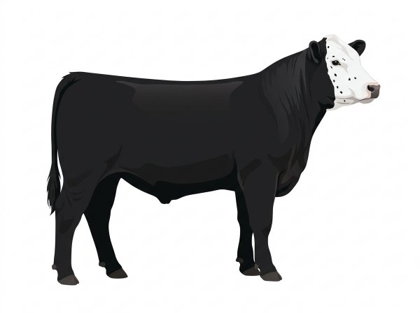 Black with a white face and ticking in the white Angus Cross Steer