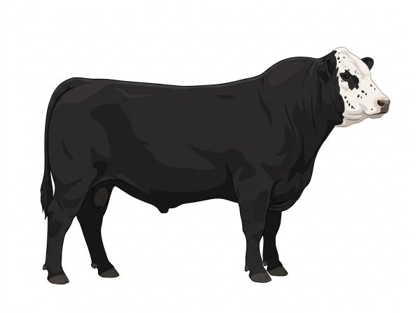 Black with a white face, white spots and ticking in the white Angus Cross Bull