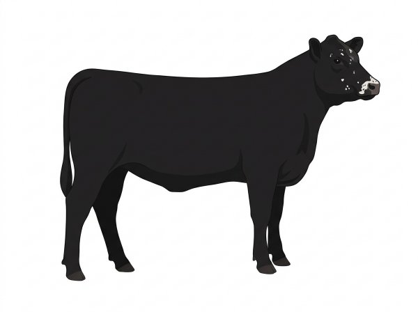 Black with minimal white face markings and ticking in the white Angus Cross Heifer
