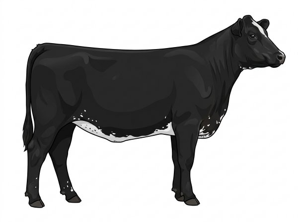 Black with minimal white face markings, white spots and ticking in the white Angus Cross Heifer