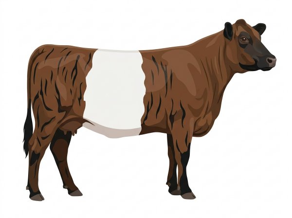 Brown brindle with black stripes, black points and a white belt around the midsection Angus Cross Cow