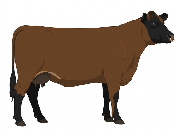 Brown with black points and a pale muzzle ring and lighter underline Angus Cross Cow