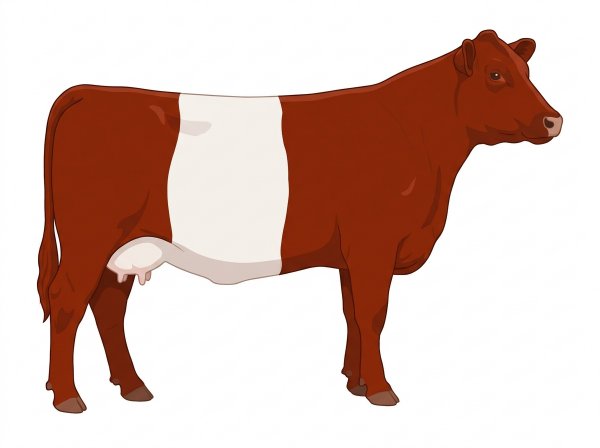 Red with a white belt around the midsection Angus Cross Cow