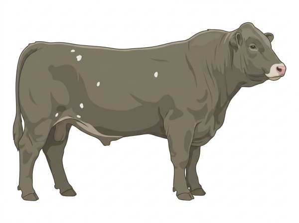 Smoky with a pale muzzle ring and lighter underline and a few white spots Charolais Cross Bull