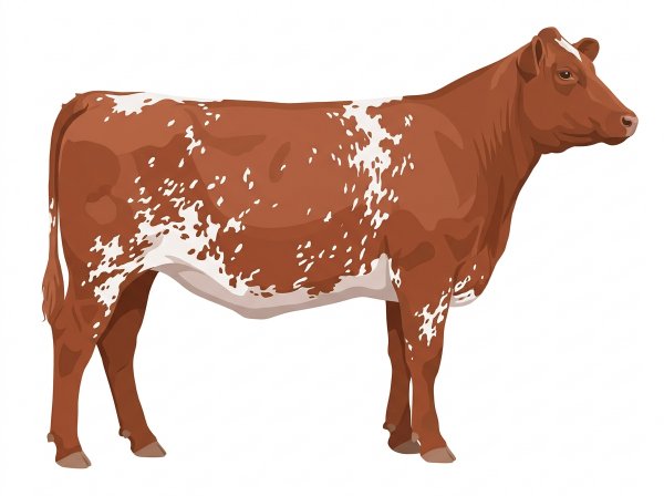 Light red roan with a few white spots and ticking in the white Durham Red Heifer