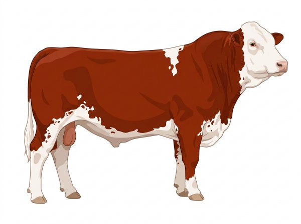 Red with a full white face, white brisket and underline, white spots and ticking in the white Fullblood Simmental Bull