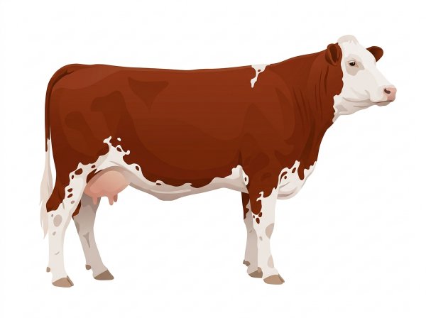 Red with a white face, white spots and ticking in the white Fullblood Simmental Cow