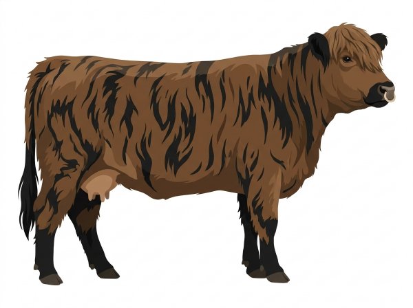 Brown brindle with heavy black striping, black points and a pale muzzle ring and lighter underline Highlander Cow