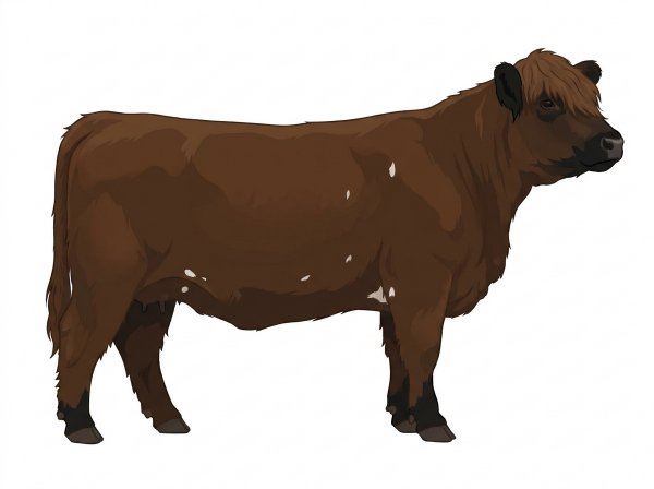 Brown with black points and a few white spots Highlander Cow