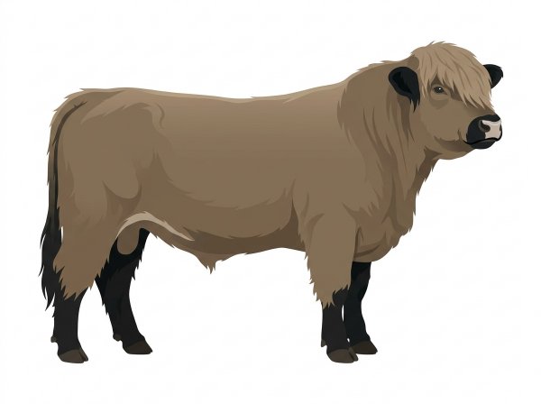 Dun with black points and a pale muzzle ring and lighter underline Highlander Bull