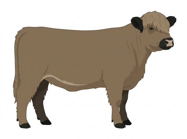 Dun with black points and a pale muzzle ring and lighter underline Highlander Heifer