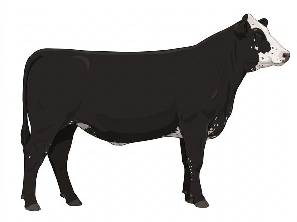Black with a partial white face, a few white spots and ticking in the white Maine-Anjou Cross Heifer