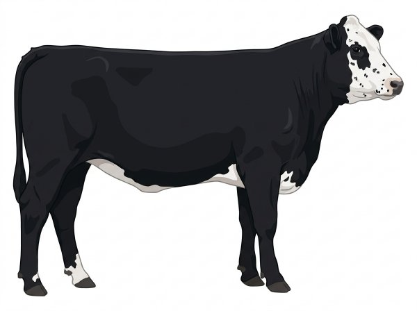 Black with a partial white face, white spots and ticking in the white Maine-Anjou Cross Heifer