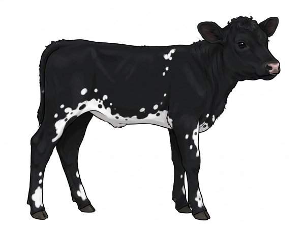 Black with a few white spots and ticking in the white MaineTainer Heifer