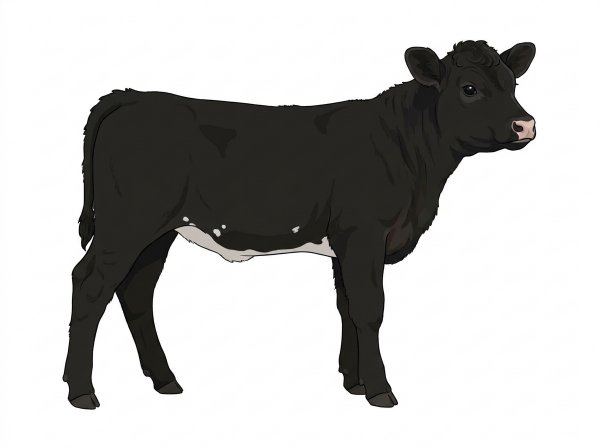 Black with a pale muzzle ring and lighter underline and a few white spots MaineTainer Steer
