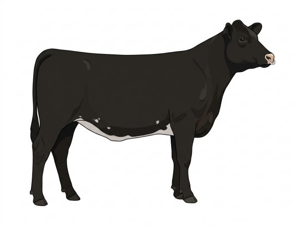 Black with a pale muzzle ring and lighter underline and a few white spots MaineTainer Heifer