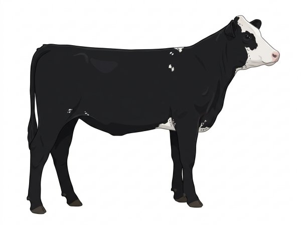 Black with a partial white face, a few white spots and ticking in the white MaineTainer Heifer