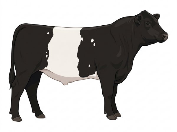 Black with a white belt around the midsection and a few white spots MaineTainer Bull