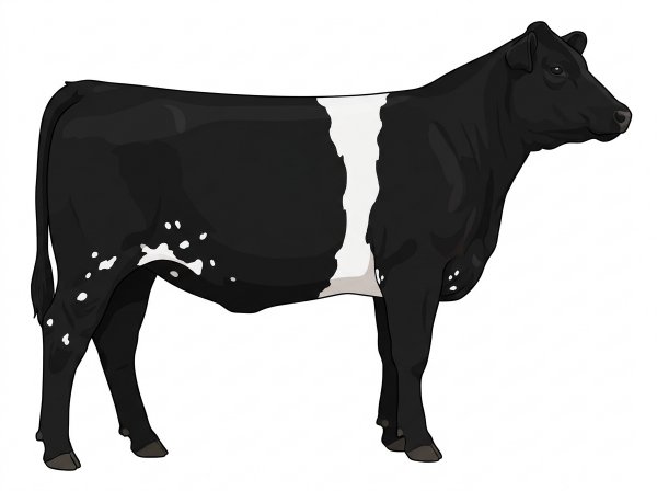 Black with a white belt around the midsection and white spots MaineTainer Heifer
