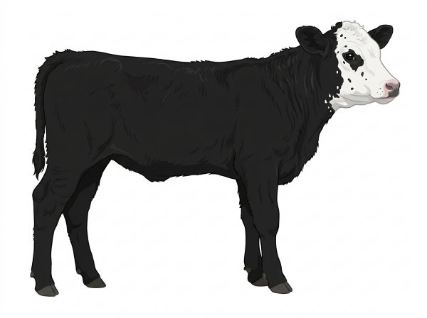 Black with a white face, a few white spots and ticking in the white MaineTainer Heifer