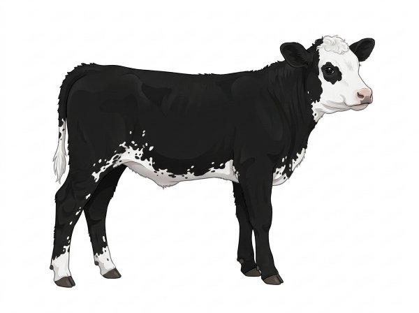 Black with a white face, white spots and ticking in the white MaineTainer Steer
