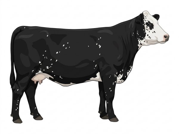 Black with a white face, white spots and ticking in the white MaineTainer Cow