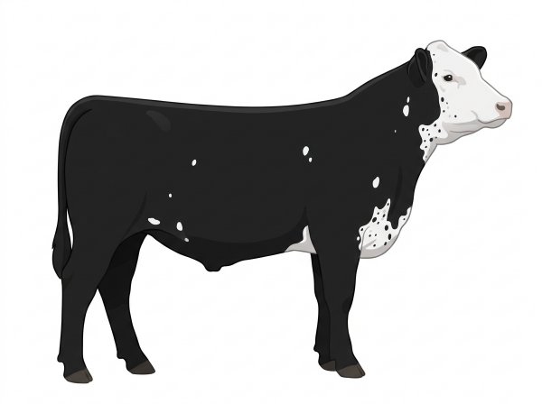 Black with a white face, white spots and ticking in the white MaineTainer Steer