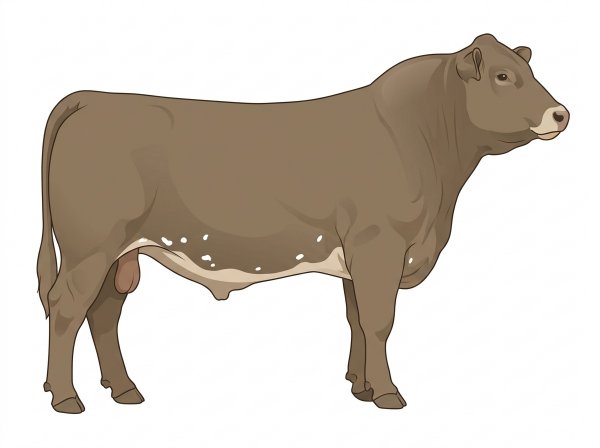 Dun with a pale muzzle ring and lighter underline and a few white spots MaineTainer Bull